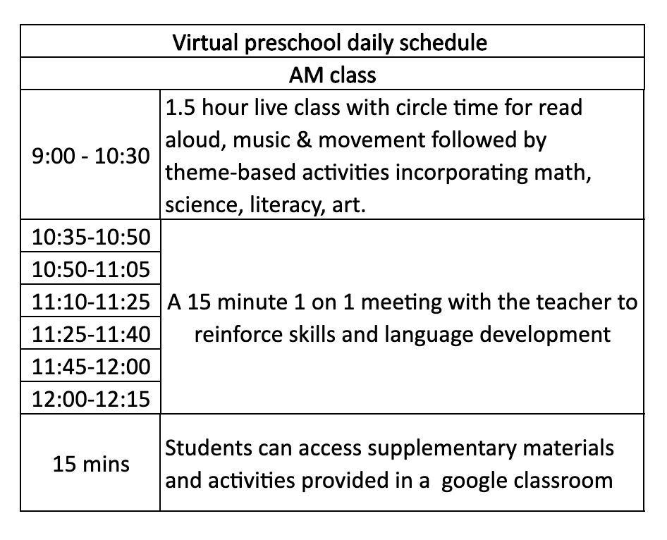 Virtual Preschool Daily Schedule - AM