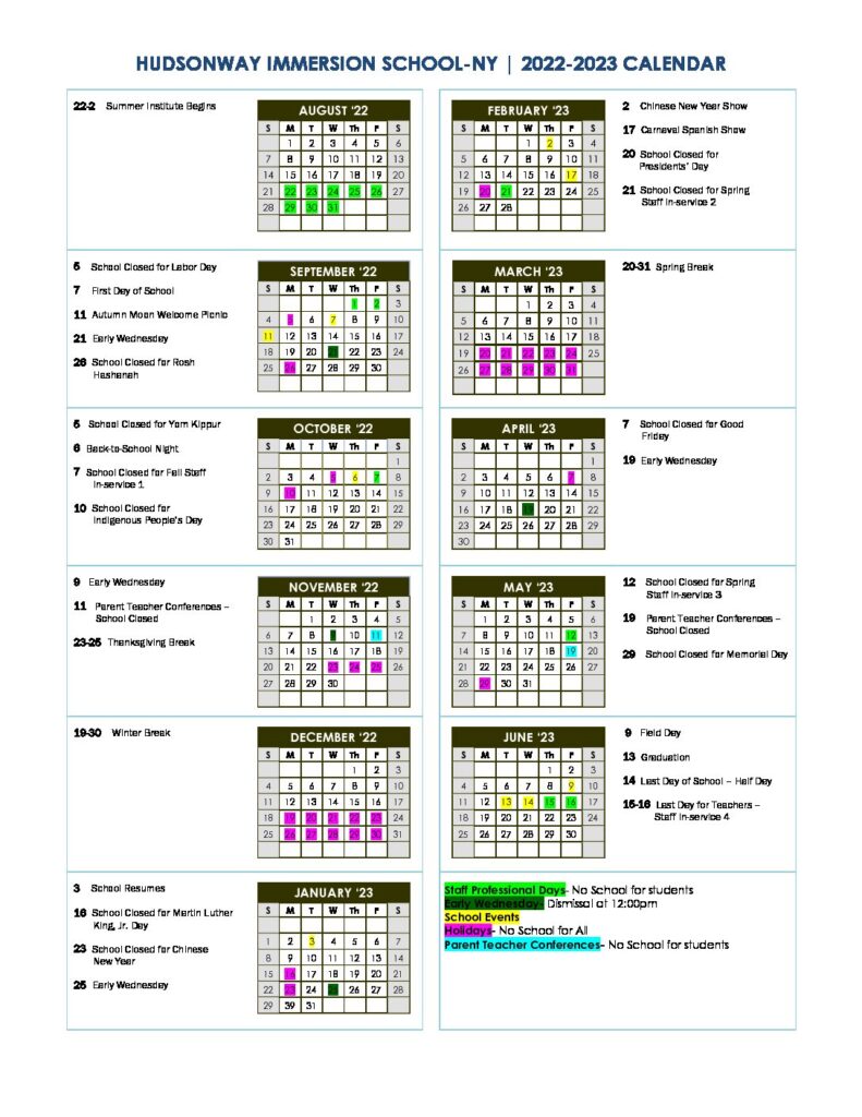 Calendar | HudsonWay Immersion School | NY and NJ