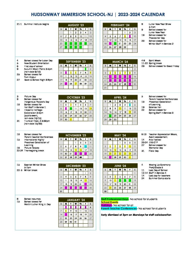 Calendar | HudsonWay Immersion School | NY and NJ